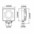 Faro da lavoro a LED quadrato 110x110 mm, 10-36V DC, 27W, 2025LM, raggio ampio/largo, 9 LED