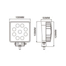 Faro da lavoro a LED quadrato 110x110 mm, 10-36V DC, 27W, 2025LM, raggio ampio/largo, 9 LED