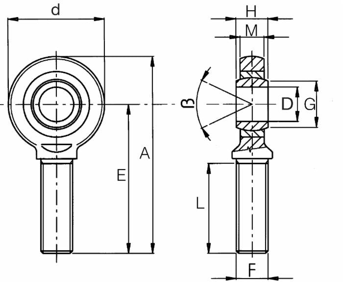 Terminale a snodo maschio per terzo punto Ø 14mm con accoppiamento acciaio su bronzo