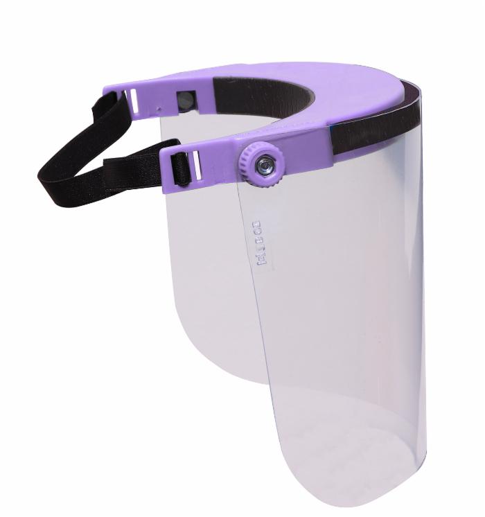 Visiera viola regolabile in policarbonato trasparente conforme alle normative 160g sanificabile e resistente