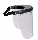 Visiera nera regolabile in policarbonato trasparente conforme alle norme peso 160g angolo massimo di 180° resistente e sanificabile confezione da 10 pezzi