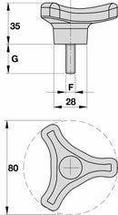 Volantino 3 bracci Ø 80mm con perno M10x30mm confezione da 5 pezzi
